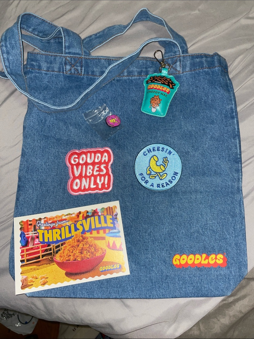 Goodles Denim Tote Bag with Cheese-Themed Patches set